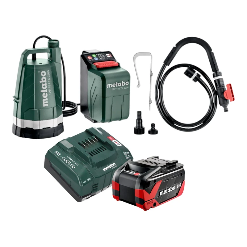 Metabo TPF 18 LTX 2200 Akku Tauch- und Regenfasspumpe 18 V 2200 l/h + 1x LiHDX Akku 8,0 Ah + Ladegerät
