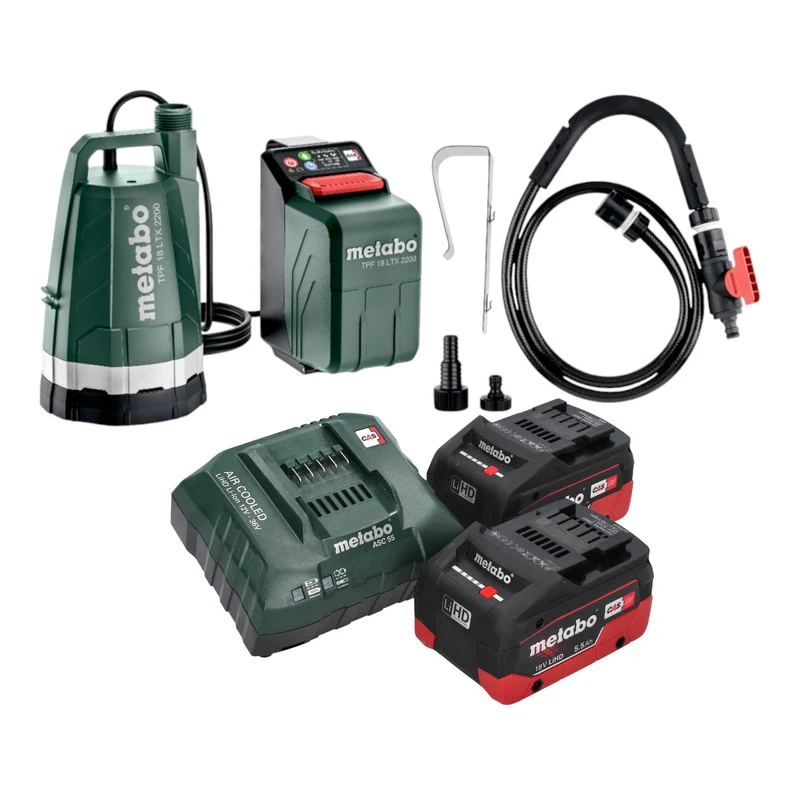 Metabo TPF 18 LTX 2200 Akku Tauch- und Regenfasspumpe 18 V 2200 l/h + 2x LiHD Akku 5,5 Ah + Ladegerät