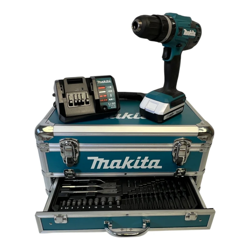 Makita HP 488 DWAX4 Akku Schlagbohrschrauber 18 V 42 Nm G-Serie + 1x Akku 2,0 Ah + Ladegerät + 74 tlg. Bit Set + Koffer