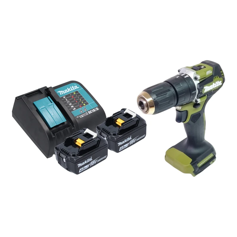 Makita DHP 487 SMO Akku Schlagbohrschrauber 18 V 40 Nm Brushless Olive Outdoor Adventure Serie + 2x Akku 4,0 Ah + Ladegerät