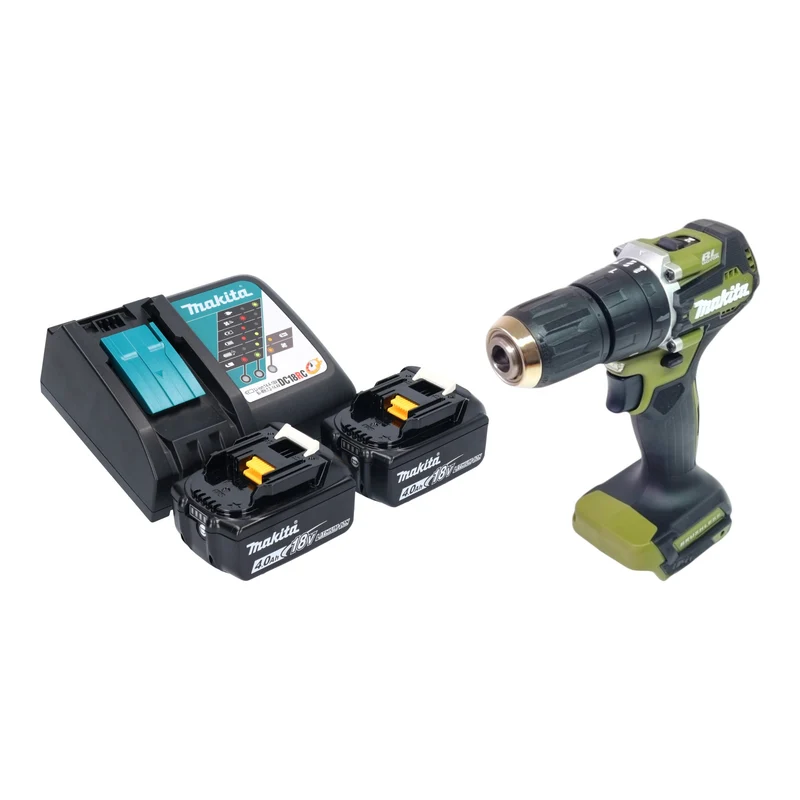 Makita DHP 487 RMO Akku Schlagbohrschrauber 18 V 40 Nm Brushless Olive Outdoor Adventure Serie + 2x Akku 4,0 Ah + Ladegerät