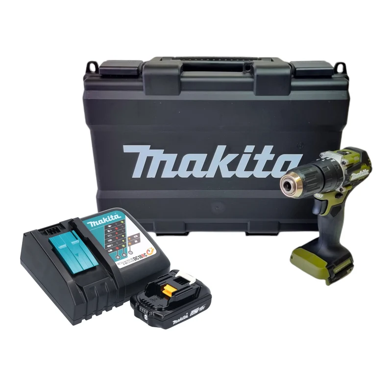 Makita DHP 487 RA1KO Akku Schlagbohrschrauber 18 V 40 Nm Brushless Olive Outdoor Adventure Serie + 1x Akku 2,0 Ah + Ladegerät + Koffer
