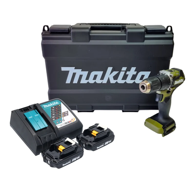 Makita DHP 487 RAKO Akku Schlagbohrschrauber 18 V 40 Nm Brushless Olive Outdoor Adventure Serie + 2x Akku 2,0 Ah + Ladegerät + Koffer