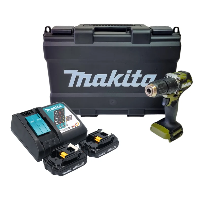 Makita DHP 487 RYKO Akku Schlagbohrschrauber 18 V 40 Nm Brushless Olive Outdoor Adventure Serie + 2x Akku 1,5 Ah + Ladegerät + Koffer